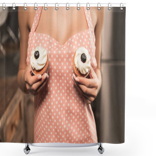 Personality  Mid Section Of Sexy Girl In Apron Holding Tasty Cupcakes Near Breasts   Shower Curtains