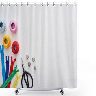 Personality  Top View Of Zippers, Scissors, Thimbles, Knitting Yarn Balls, Bobbins On White Background  Shower Curtains