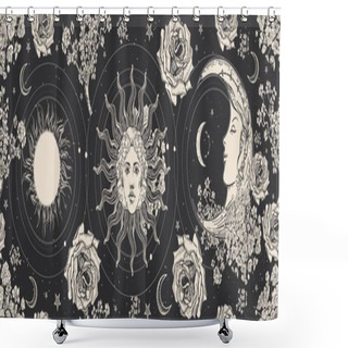 Personality  Magic Background For Astrology, Esotericism, Fortune Telling. Black Banner With The Face Of The Sun And The Face Of The Moon. Shower Curtains