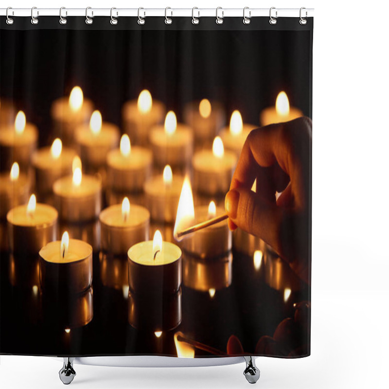 Personality  Selective Focus Of Woman Lighting Up Candle With Match In Dark Shower Curtains