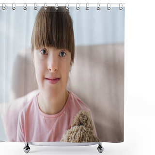 Personality  Kid With Down Syndrome Sitting On Sofa With Teddy Bear Toy Shower Curtains