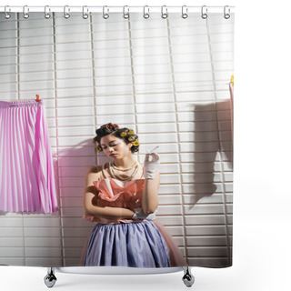 Personality  Asian Young Woman With Hair Curlers Standing In Pink Ruffled Top, Pearl Necklace And Gloves While Holding Cigarette Near Wet Laundry Hanging Near White Tiles, Housewife, Smoking, Bad Habit  Shower Curtains