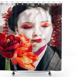 Personality  Portrait Of Beautiful Geisha Holding Red Flowers In Sunlight Shower Curtains
