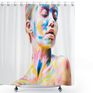 Personality  Attractive Girl With Colorful Bright Body Art Looking Down Isolated On White  Shower Curtains