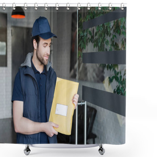 Personality  Young Delivery Man In Uniform Holding Parcel With Sticker In Hallway  Shower Curtains