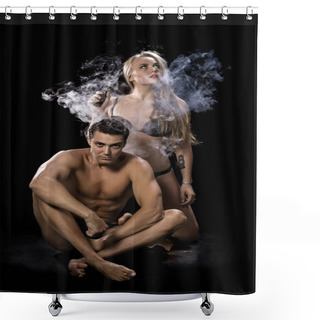 Personality  Woman And The Man Soars On A Black Background Vape Shower Curtains