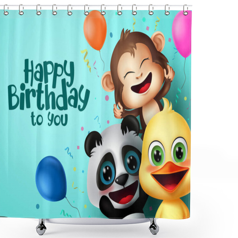 Personality  Birthday party animals character vector design. Happy birthday text with friends surprise animal characters and colorful party elements like balloon and confetti for kids celebration greeting card. Vector illustration   shower curtains