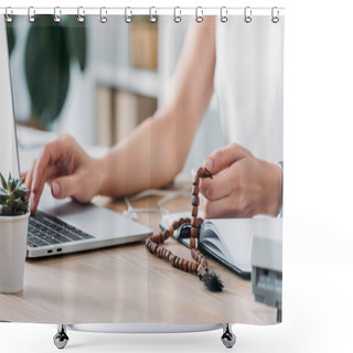 Personality  Cropped View Of Businesswoman Using Laptop And Holding Rosary Beads At Workplace Shower Curtains