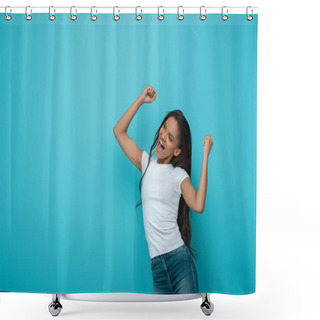 Personality  Happy African American Girl Showing Winner Gesture While Looking Away On Blue Background Shower Curtains