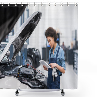 Personality  Young African American Mechanic Holding Digital Tablet Near Car With Open Hood In Auto Repair Service Shower Curtains
