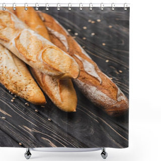 Personality  Fresh Baked Baguette Loaves On Wooden Surface Shower Curtains