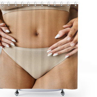 Personality  A Woman Confidently Posing With Hands On Hips Showcasing Her Stomach. Shower Curtains