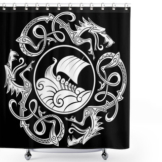 Personality  Ancient Decorative Dragon In Celtic Style, Scandinavian Knot-work Illustration, And Viking Ship Drakkar Shower Curtains