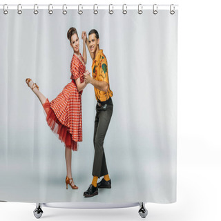 Personality  Smiling Dancers Holding Hands While Dancing Boogie-woogie On Grey Background Shower Curtains