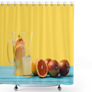 Personality  Fresh Ripe Tropical Fruits And Cold Summer Cocktail In Glass And Jug On Turquoise Wooden Table Top  Shower Curtains
