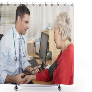 Personality  British Doctor Taking Senior Woman's Blood Pressure Shower Curtains