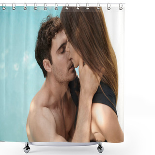Personality  Handsome Shirtless Man Seducing Beautiful Woman With Tattoo Near Swimming Pool, Sexy Couple Shower Curtains