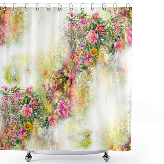 Personality  Watercolor Painting Of Leaf And Flowers, Seamless Pattern On White Background Shower Curtains