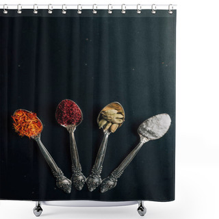 Personality  Top View Of Spices In Four Spoons On Table Shower Curtains