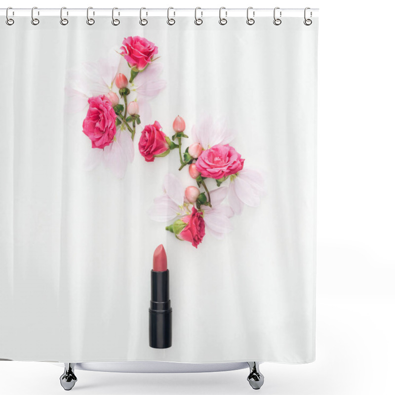 Personality  top view of composition with roses buds, berries, petals and lipstick isolated on white shower curtains
