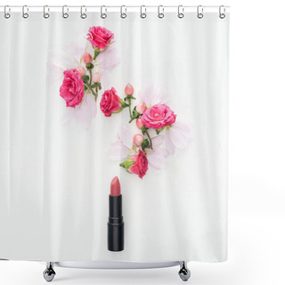 Personality  Top View Of Composition With Roses Buds, Berries, Petals And Lipstick Isolated On White Shower Curtains