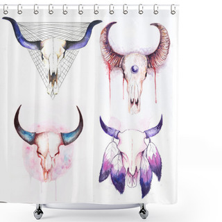 Personality  Set Of Cow Skull With Horns Shower Curtains