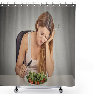 Personality  Sad Displeased Young Woman Eating Salad Shower Curtains