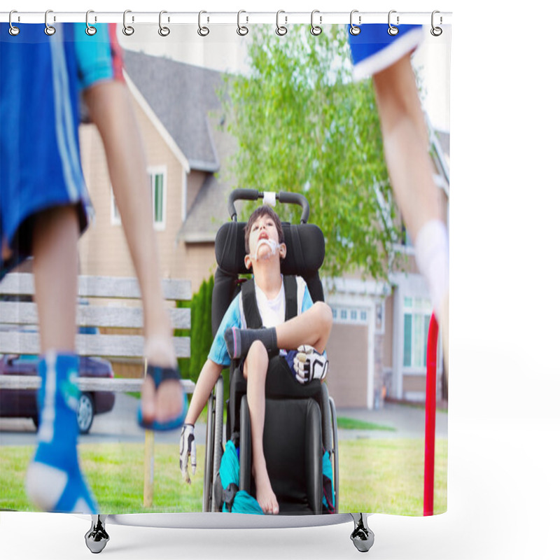 Personality  Disabled Child In Wheelchair Watching Children Play At Park Shower Curtains