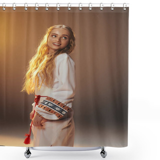 Personality  A Young Mavka In A White Dress With Ornate Designs Strikes A Pose In A Fairy And Fantasy-themed Studio Setting. Shower Curtains