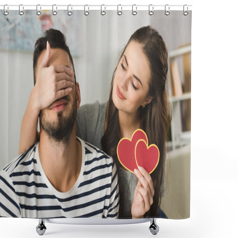 Personality  Young Woman Covering Eyes Of Boyfriend With Hand And Holding Valentines Day Greeting Card Shower Curtains