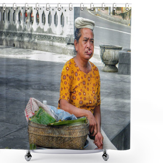 Personality  Denpasar, Bali Island, Indonesia, June 27, 2019: Old City Street, Congenital Deformity, Woman With Disease Cleft Lip                                Shower Curtains