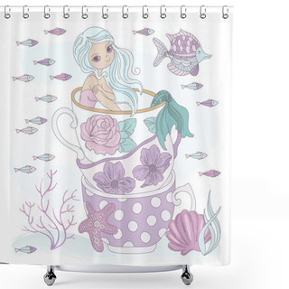 Personality  CUP MERMAID Ocean Princess Vacation Sea Underwater Cartoon Summer Tropical Travel Cruise Vector Illustration Set For Print Fabric And Decoration Shower Curtains