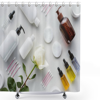 Personality  Top View Of Bottles Of Cream, Cosmetic Pads And Rose On White Surface, Beauty Concept Shower Curtains