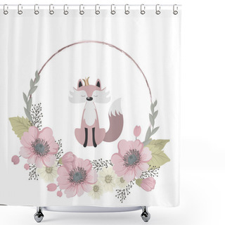 Personality  Cute And Sweet Fox Collects Flowers, 100% Vector Shower Curtains
