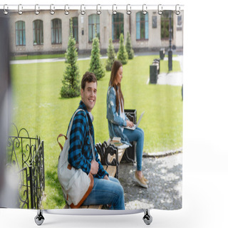 Personality  Selective Focus Of Cheerful Student Smiling While Girl Using Laptop Near University Campus, Online Study Concept  Shower Curtains