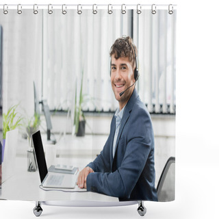 Personality  Cheerful Consultant In Headset Looking At Camera, While Sitting At Table With Digital Devices On Blurred Background Shower Curtains