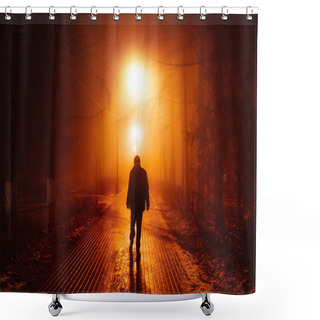 Personality  Sad Man Alone Walking Along The Alley In Night Foggy Park. Back View Shower Curtains