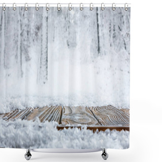 Personality  Surface Level Of Striped Brown Wooden Path And Beautiful Winter Forest Shower Curtains