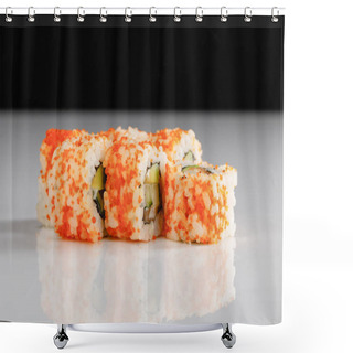 Personality  Delicious California Roll With Avocado, Salmon And Masago Caviar On White Surface Isolated On Black Shower Curtains
