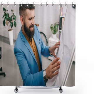 Personality  Male Architect Looking At Paper At White Board And Smiling In Modern Office  Shower Curtains