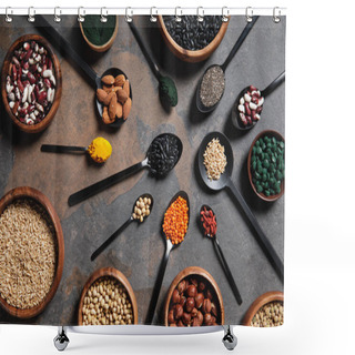 Personality  Top View Of Wooden Bowls And Spoons With Superfoods, Legumes And Grains On Table Shower Curtains