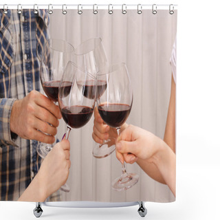 Personality  Clinking Glasses Of Red Wine In Hands On Color Wooden Planks Background Shower Curtains