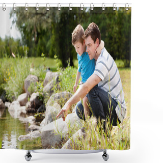 Personality  Fashing And Son Playing Near Lake Shower Curtains