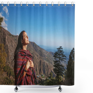 Personality  Beautiful Woman With Closed Eyes In Front Of Himalaya Mountains  Shower Curtains