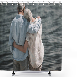 Personality  Senior Couple Walking On Beach  Shower Curtains