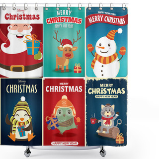 Personality  Vintage Christmas Poster Design Set Shower Curtains