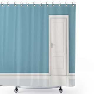 Personality  Closed White Door On Blue Wall, Reflective Floor Shower Curtains