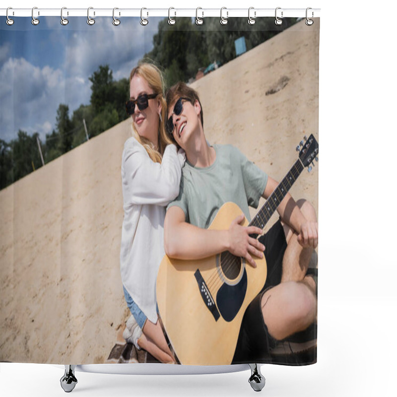 Personality  Happy Man With Acoustic Guitar Near Woman In Sunglasses On Beach Shower Curtains