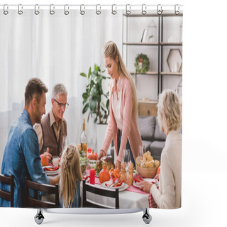 Personality  Family Sitting At Table And Mother Holding Plate With Turkey In Thanksgiving Day      Shower Curtains