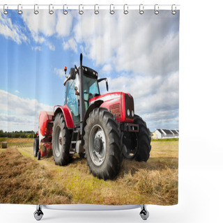 Personality  Tractor Collecting Haystack In The Field, Panning Technique Shower Curtains